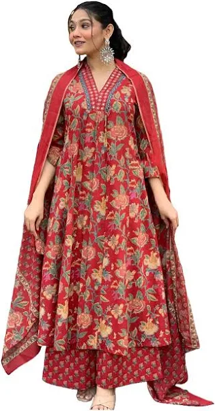 GoSriKi Women's Rayon Blend Anarkali Printed Kurta with Palazzo & Dupatta